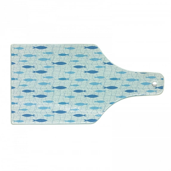 Fish Cutting Board, Fish Net with Polka Dots Abstract Animal Silhouettes Nature Inspired Image, Tempered Glass Cutting and Serving Board, Wine Bottle Shape, Blue Pale Blue White, by Ambesonne