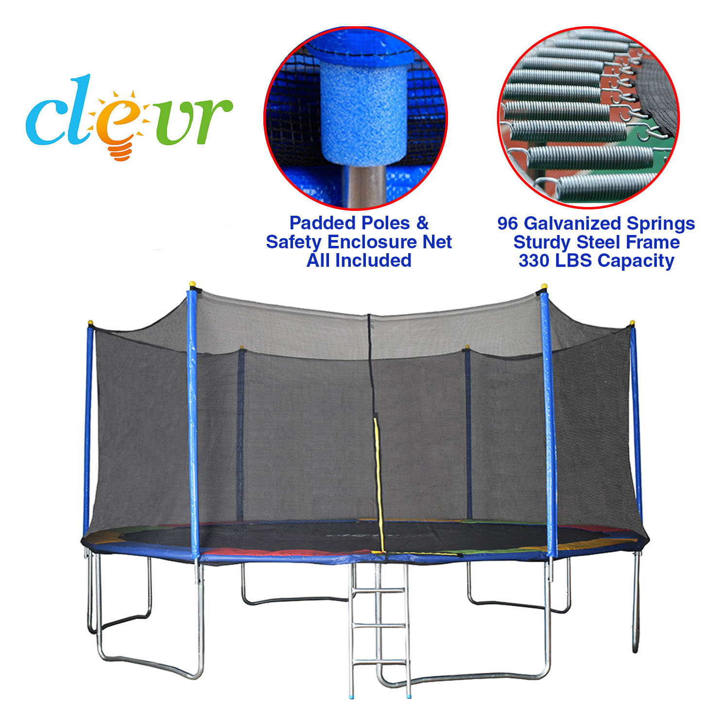 Clevr Trampolines with Kids Safety Enclosure Net, Sizes: 36" 55" 7' 12' 15' by Clevr