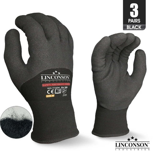 LINCONSON 3 Pack Winter Work Gloves Suitable for Outdoors Construction Warehousing Freezers & Mechanics, Safety Performance Series-Black