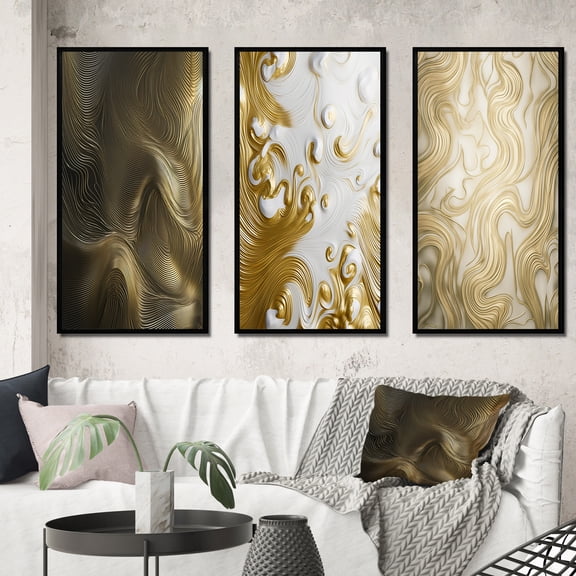 Designart "Elegant Retro Glamour Smooth Gold Wave II" Abstract Shapes Framed Wall Art Set Of 3 - Gold Transitional Frame Gallery Wall Set For Home Decor