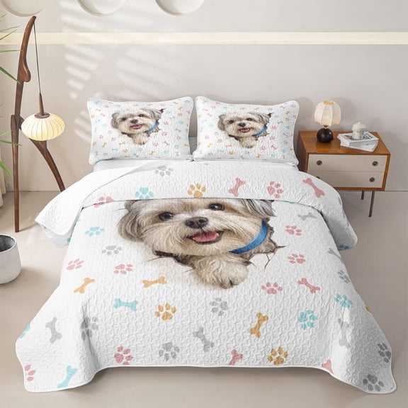 Homewish Cute Maltese Dog Twin Quilt Set,Kawaii Paw Print Twin Coverlet Set,White,2pcs