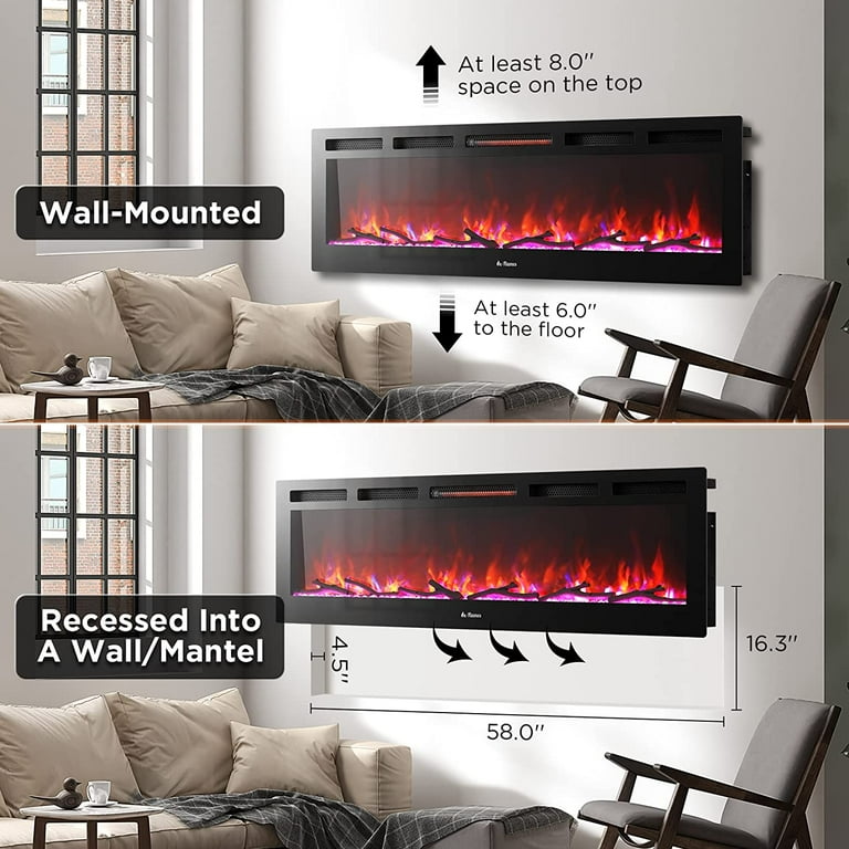 Turbro Wifi Electric Fireplace with Realistic Flame and Crackling Sound,  1500W Infrared Quartz Heater, Recessed or Wall Mounted, 60-inch -  Walmart.com
