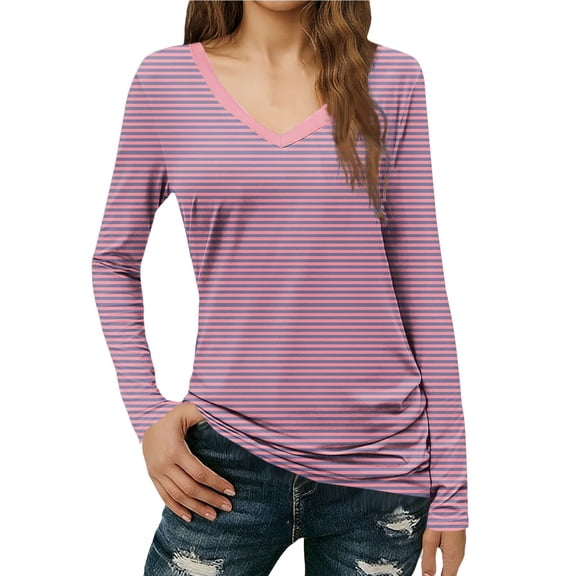 Atogsazn Women's Long Sleeve Blouse Striped Casual Dressy V Neck Pullover Shirt Loose Fit Tops Outfit Clothing 01-Pink XXL Fashion
