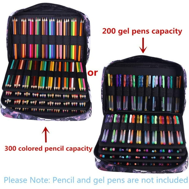 Colored Pencil Case- 200 Slots Pencil Holder Pen Bag Large Capacity Pencil  Organizer with Handle Strap Handy Colored Pencil Box with Printing Pattern  Flamingo,Black 