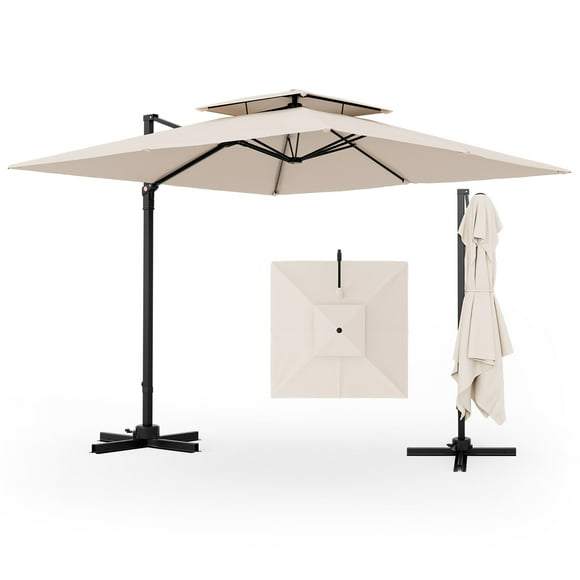 Gymax Patio 9.5FT Square Cantilever Offset Umbrella Double Vented 360° Heavy Duty Beige