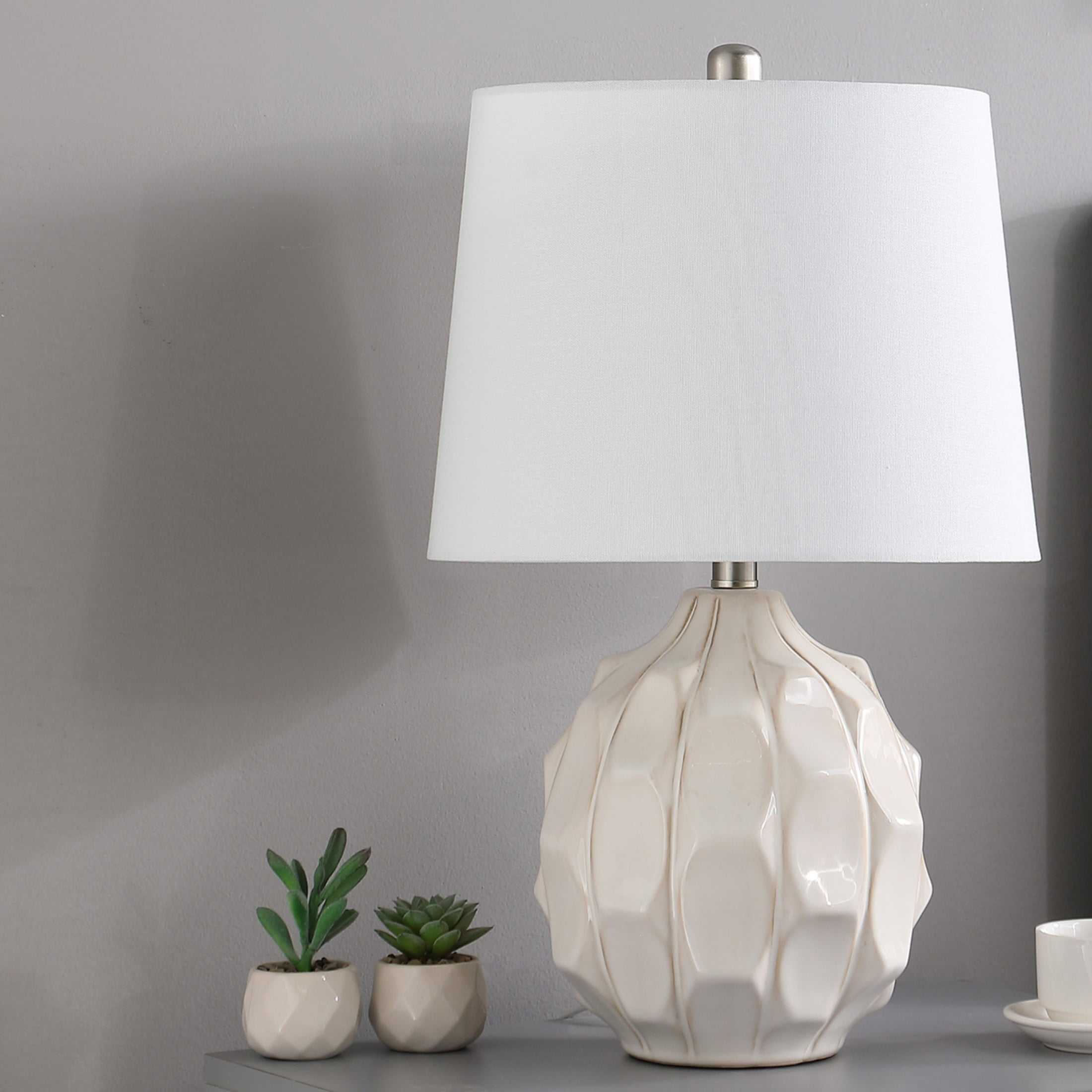 Noble House 21.75" Coastal Scallop Ceramic Table Lamp, Semi-Drum Shade, E26 Bulb, Silver Base, Cream and Taupe