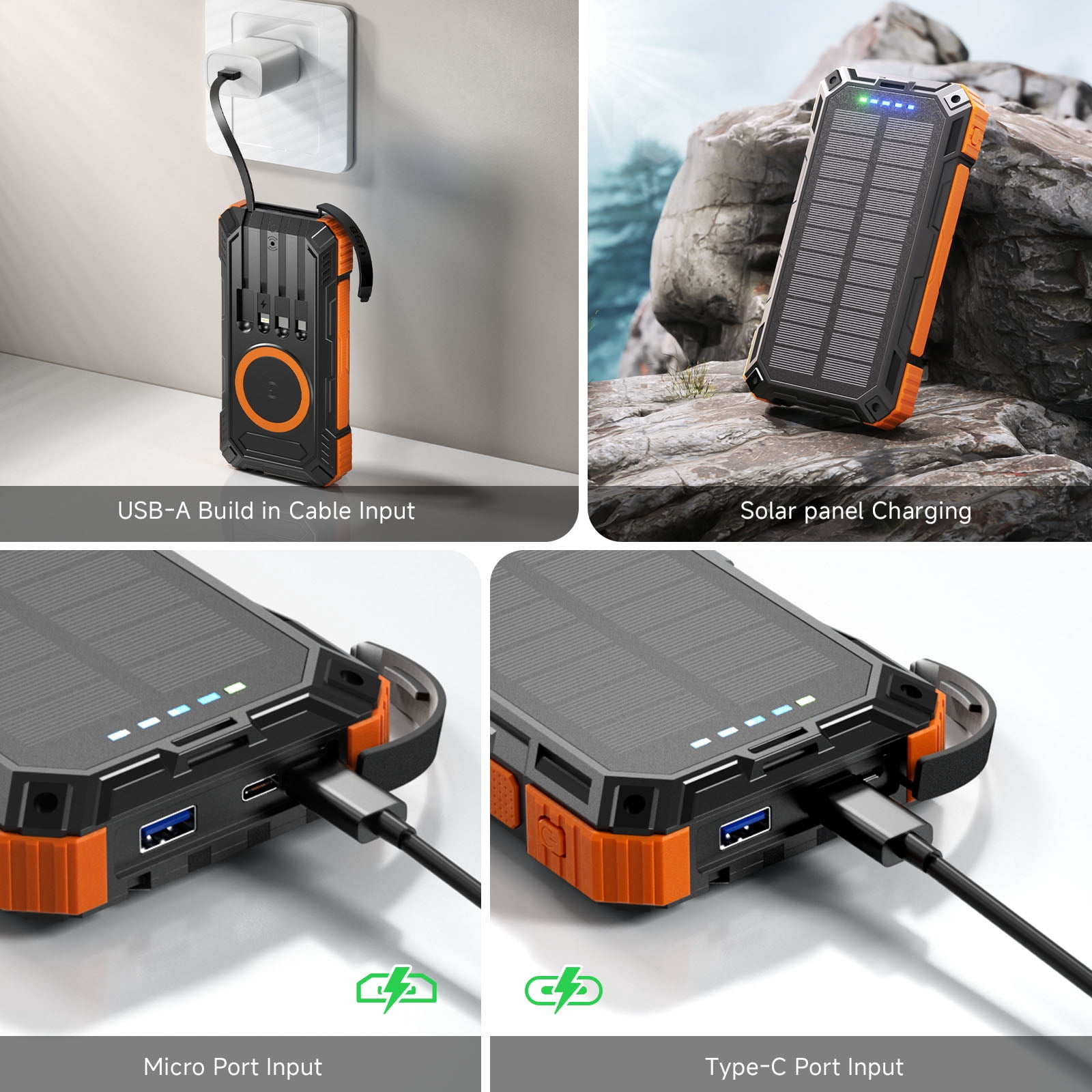 Solar Charger Power Bank 49800mAh 22.5W Portable Charger, 15W Wireless Charging QC 3.0 Fast Charging with LED Flashlight, Built-in 4 Cables