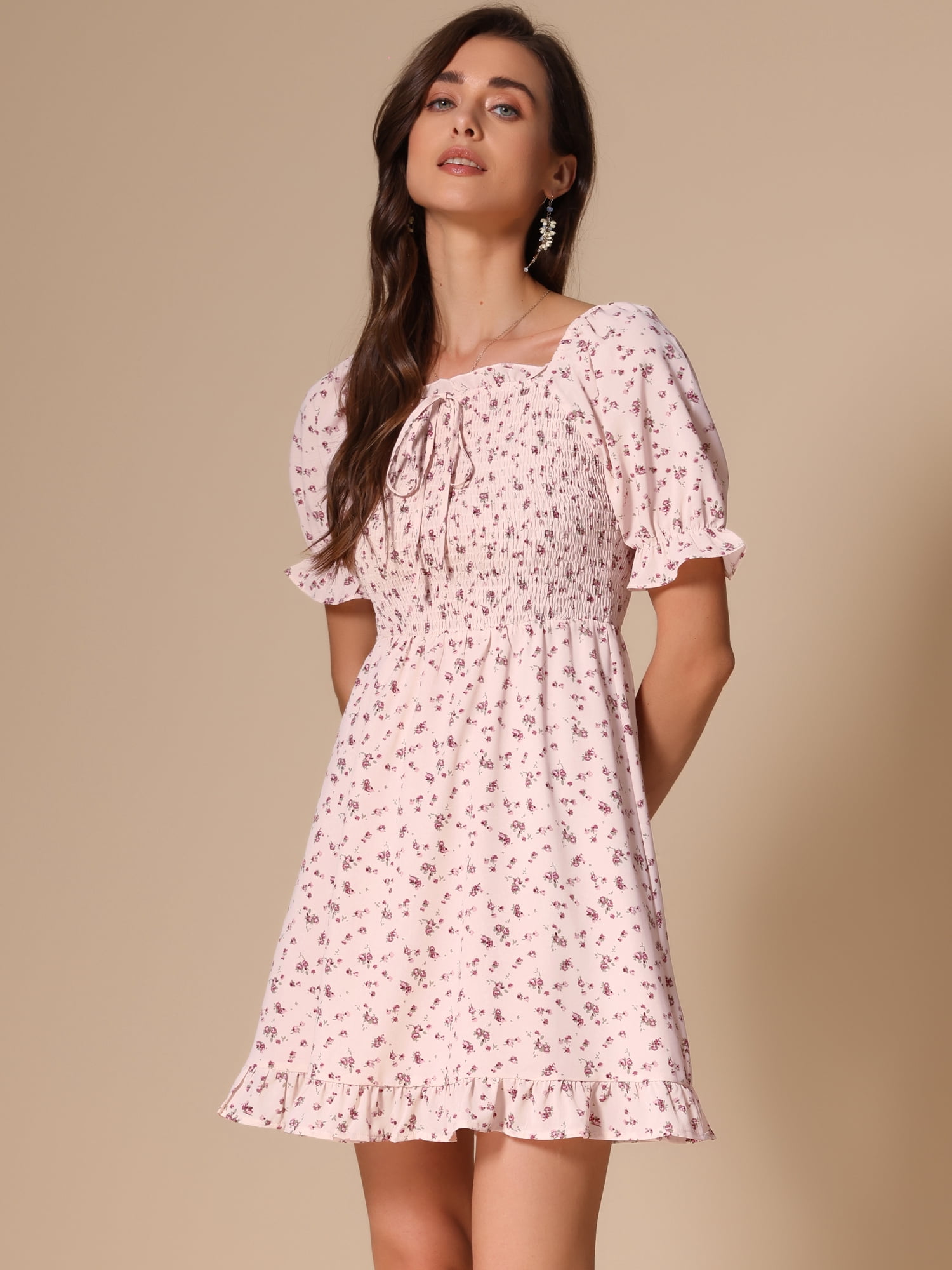 DARING DIVA Puff Sleeve Back Smocked Sweetheart Neck Ruffled Hem Dress M Light Pink