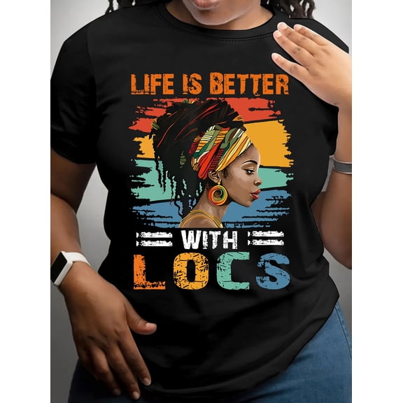 Women's Purple Short Sleeve Crew Neck T-Shirt - African Woman Portrait & "Life Is Better with LOCS" Graphic Print, Machine Washable Spring Summer Top, Casual Bold Statement Comfortable Fit Shirt