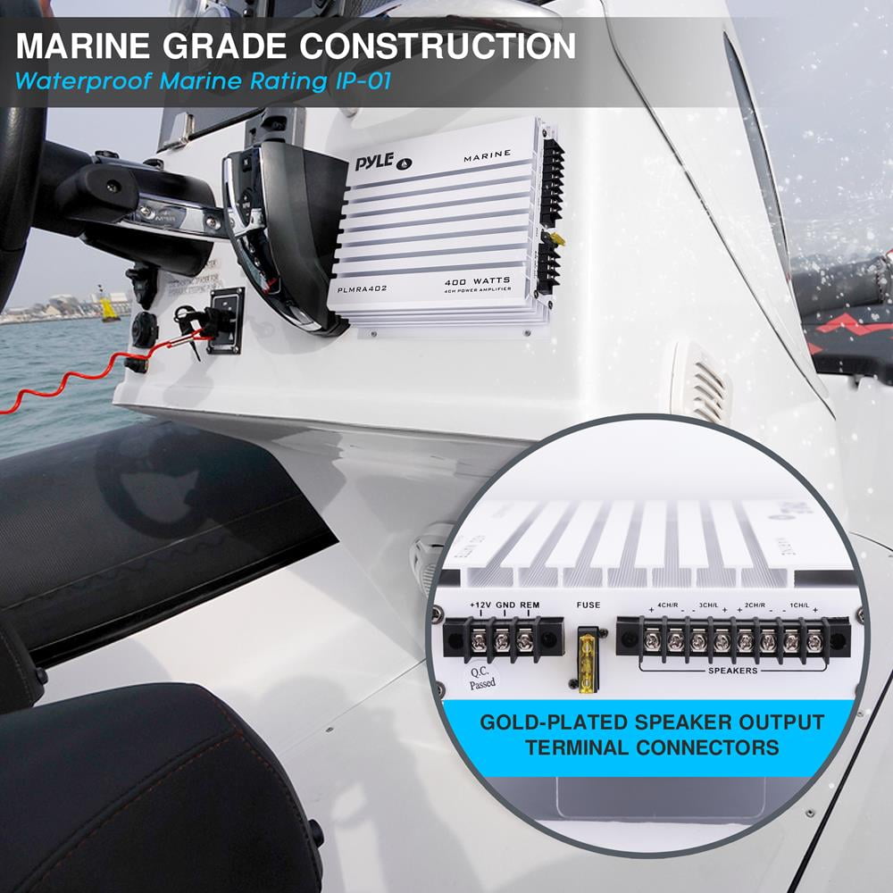 Pyle Hydra Marine Amplifier - Upgraded Elite Series 400 Watt 4 Channel Audio Amplifier - Waterproof, Dual MOSFET Power Supply, GAIN Level Controls, RCA Stereo Input & LED Indicator - PLMRA402