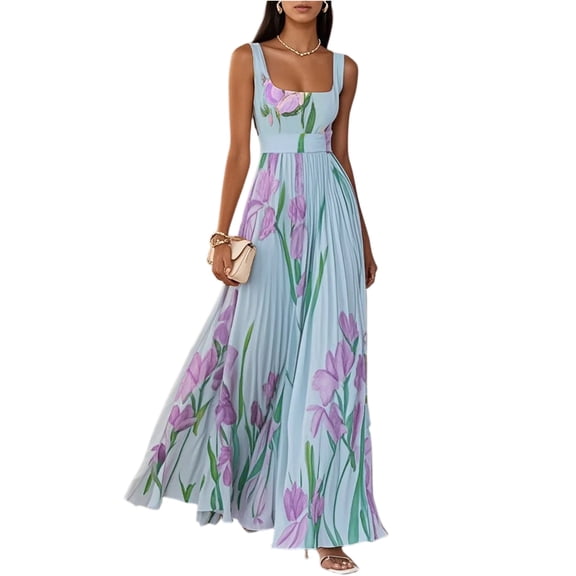 CIENVNSTG Wedding Guest Dresses For Women 2026 Square Neck Sleeveless Floral Pleated Maxi Dress Belted Flowy Sundress Boho Outfit Blue L