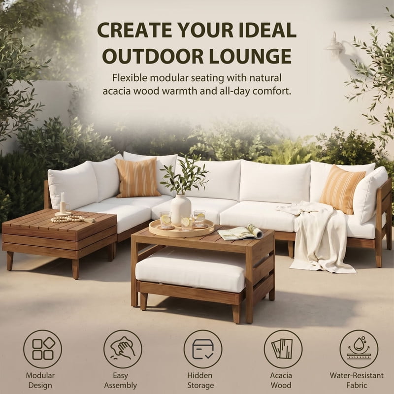 8-Piece Patio Furniture Set with Coffee Table, Outdoor U-Shaped Sectional Sofa Set with Storage Tea Table, Acacia Wood Conversation Set with Ottoman