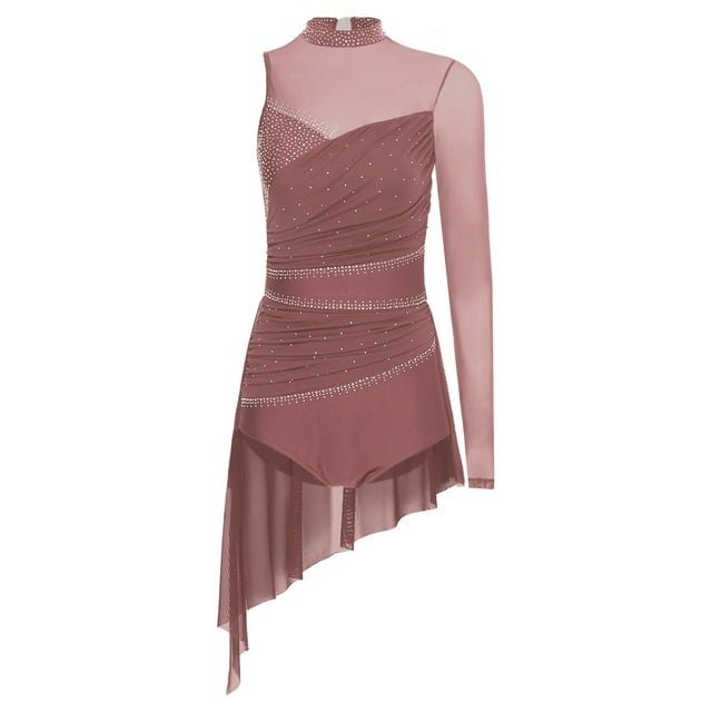 Yhong Robe Justaucorps de Danse Lyrique avec Strass Scintillants pour Dames Patinage à Roulettes Robe de Danse Rose Poussiéreux TG