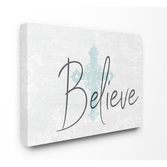 Believe with Holy Cross Wood Texture Oversized Stretched Canvas Wall Art, 24 x 1.5 x 30