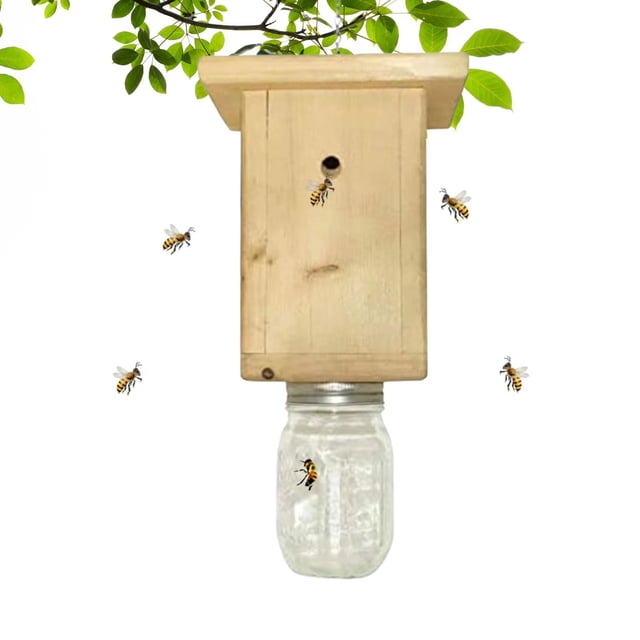 Trampa de abejas de madera para exteriores, atrapamoscas de carpintero estilo casa de troncos Natural eficiente, resistente al agua y duradera