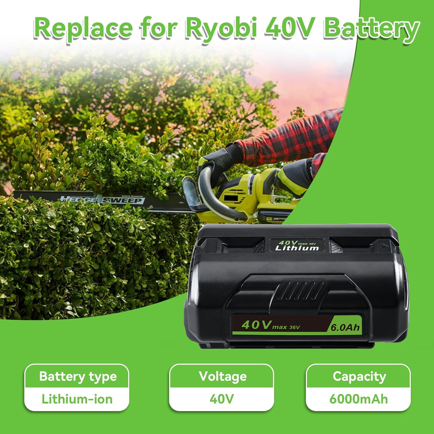 36V 6.0Ah Replacement for Ryobi 40V Battery OP4040 OP4026 OP4030 OP4050 OP4060A OP40201 ZROP4026, Compatible with 40 Volt Ryobi Lithium Battery, Power Tools and Chargers