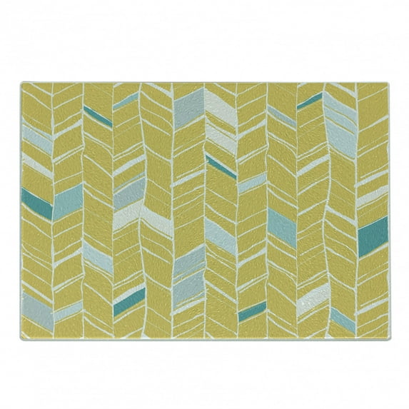Yellow Chevron Cutting Board, Herringbone Pattern Zig Zag Lines in Hand Drawn Doodle Art Style, Decorative Tempered Glass Cutting and Serving Board, Small Size, Pale Blue Mustard, by Ambesonne