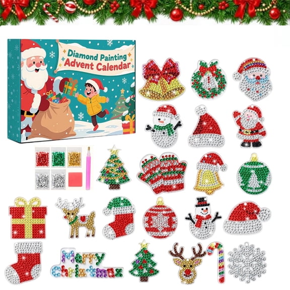 Diamond Art Advent Calendar 2026 Christmas Diamond Art Kits Christmas Ornaments 24 Pcs Flat Acrylic Pendant Kit With Dotting Pen Diamond Beads Parent Child Activity Xmas Festival Home Decor,B