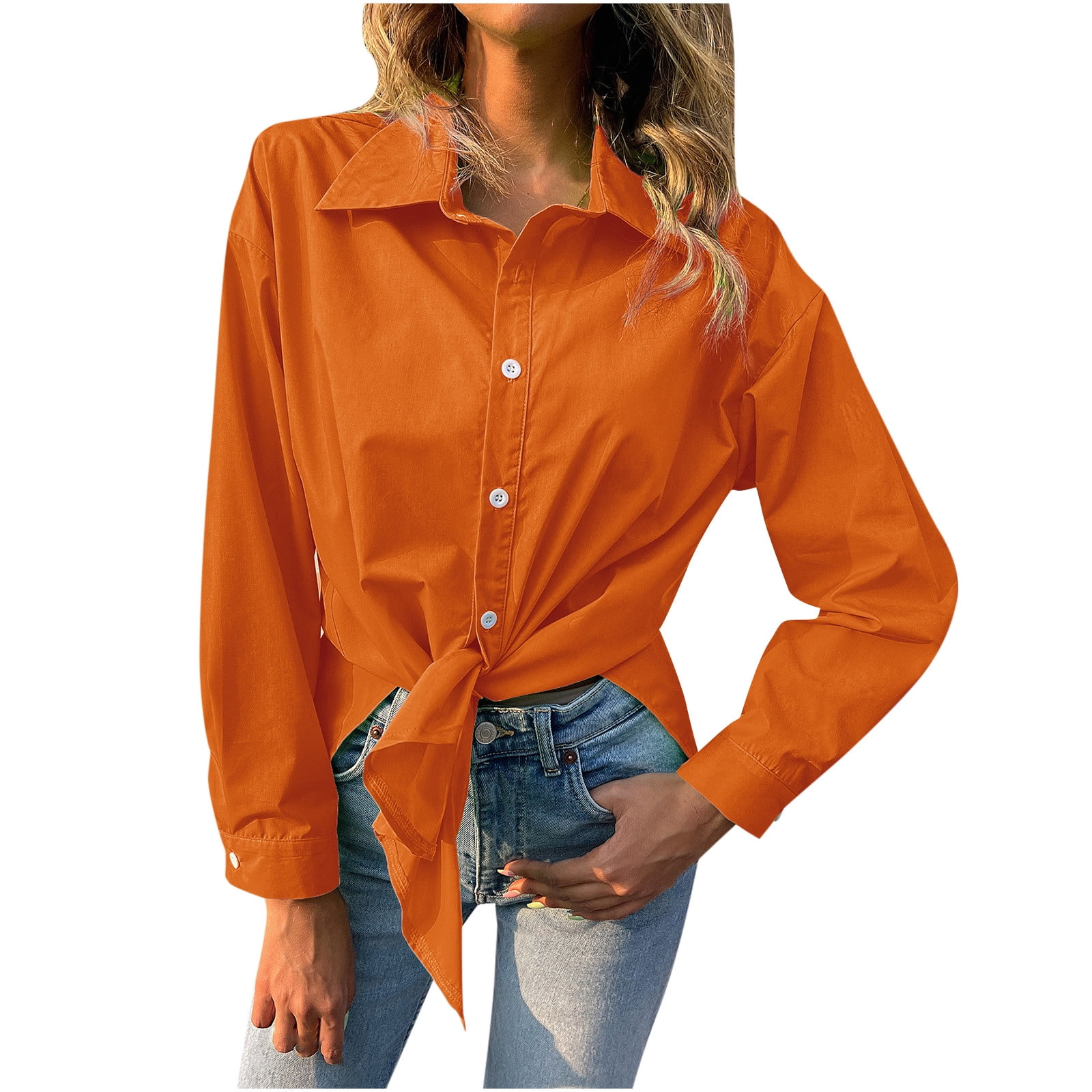 JWZUY Women Solid Color Shirts Casual Long Sleeve V Neck Shirt Button Down  Blouses Top Loose Fit Tshirt Work Tops Basic Workwear Orange L