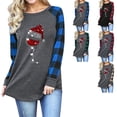 thumbnail image 4 of Sudadera de cuello redondo con estampado de gorro de Papá Noel en color gris vino tinto y cuadros, mangas con puños azules, talla L Camisa festiva de manga larga para mujer, 4 of 6