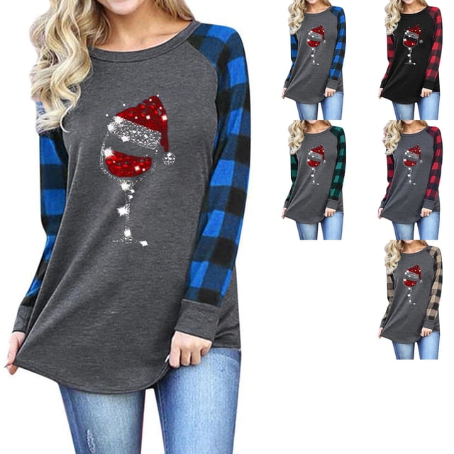 Women Long Sleeve Tops, Women Long Sleeve Shirt Plaid Sleeves Christmas Hat And Red Wine Glass Pattern Print Soft For Date For Women For Party ANGGREK Ropa gris y mangas a cuadros azules S