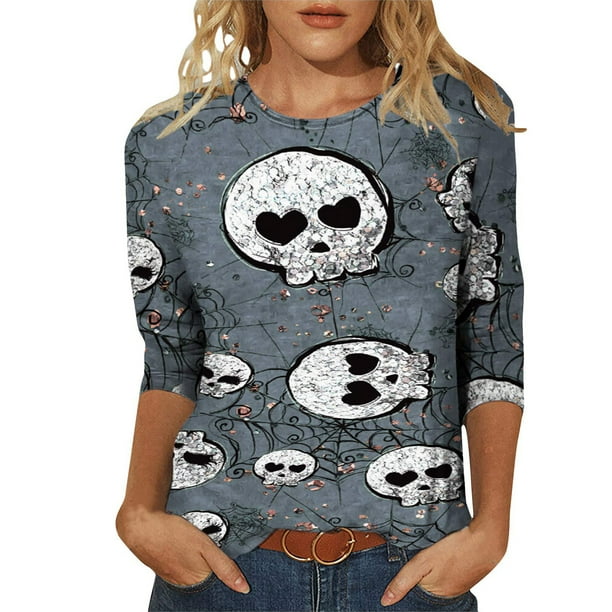 LUXUR Women Crew Neck T-shirt Skull Printing Autumn Tops Gray XL 