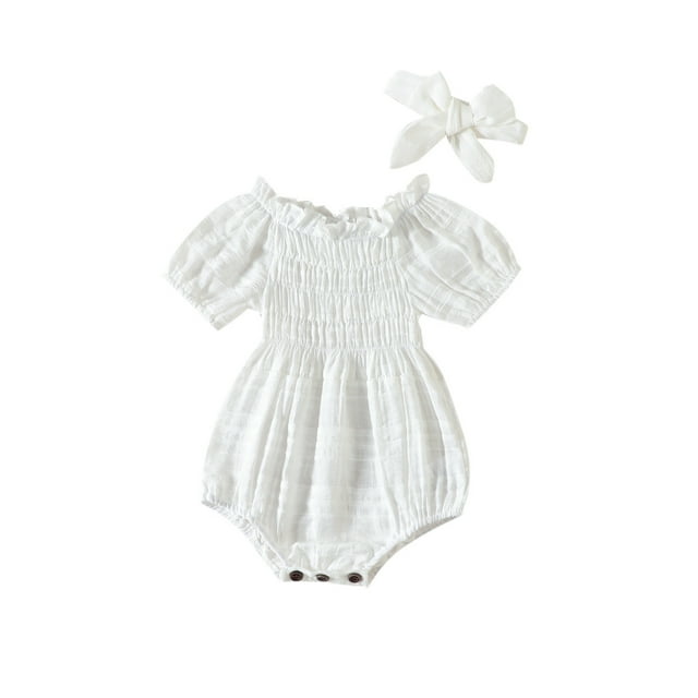 Sunnyoo Barboteuse à Manches Bouffantes Courtes Smockée d'Été pour Filles avec Bandeau Tenues