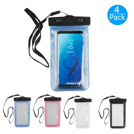4 Pack Universal Waterproof Case Cell Phone Dry Bag Pouch for iPhone Xs Max XR X 8 7 6S Plus Galaxy S10/S9/S8/S7 Edge/S6, Up to 6.2 Inches (Black+White+Hot