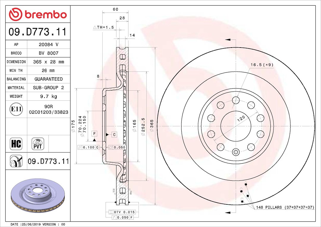 Brembo 09D77311C02; Brake Rotor; Vented; One Piece Design; Wheel Bolt Pattern 9 x 120 Millimeter; High Carbon Cast Iron; Single