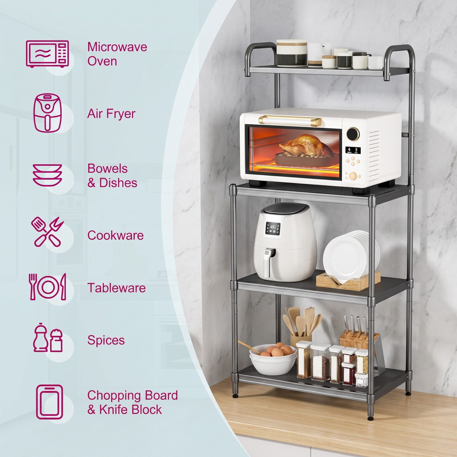 RUIE 4-Tier Baker's Rack Stand, Freestanding Kitchen Storage Rack Organizer Shelves, Heavy-Duty Iron Microwave Oven Shelf for Pantry Living Room, Green