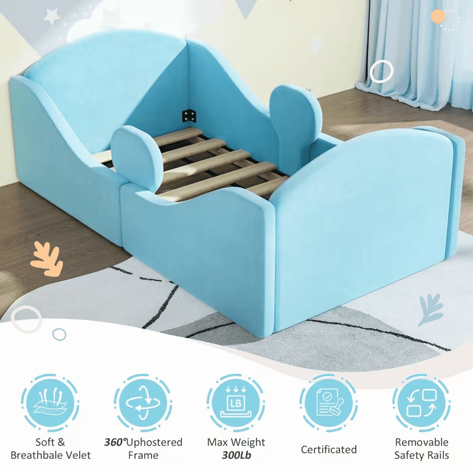Datingday Toddler Floor Bed with Removable Safety Rails – Ultra Soft Upholstered Low-Profile Kids Bed, Standard Crib Size (Fits 52" x 28" Mattress), Blue, for Easy Crib-to-Big-Kid Bed Transition