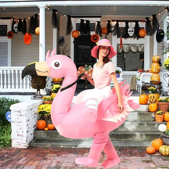 KINQUINN Flamingo Inflatable Costume, Riding on Flamingo Halloween dress up, Funny Blow up party decoration clothing for Adults (4.9-6.2 ft)
