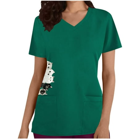 

Solid Scrubs Tops Uniform Women Healthcare Tunic Uniform Tunic Tops Short Sleeve V-Neck Tops Easter Blouse Medic Cute Animal Cat Hospital Doctor Workwear Holiday T-Shirt with Pockets