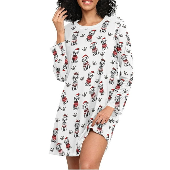 joogoo Dog Christmas Women's Long Sleeve Nightgown Sleepwear L