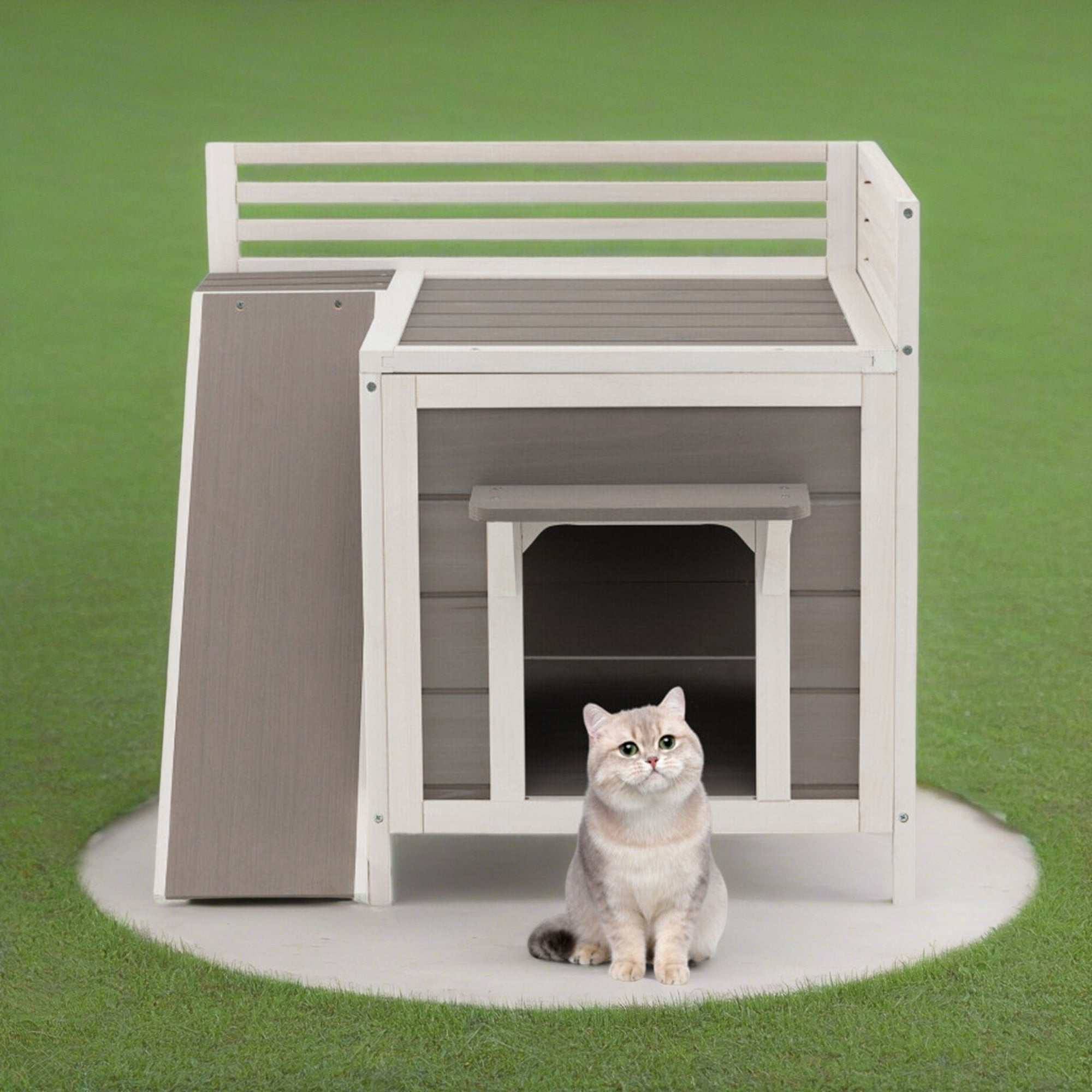 Pefilos 27" Cat House for Outdoor Cats, Weatherproof Cat Shelter with Escape Door, 2 Story Wood Cat Condo with Ladder, Gray Pefilos 27" Cat House for Outdoor Cats, Weatherproof Cat Shelter with Escape Door, 2 Story Wood Cat Condo with Ladder, Gray