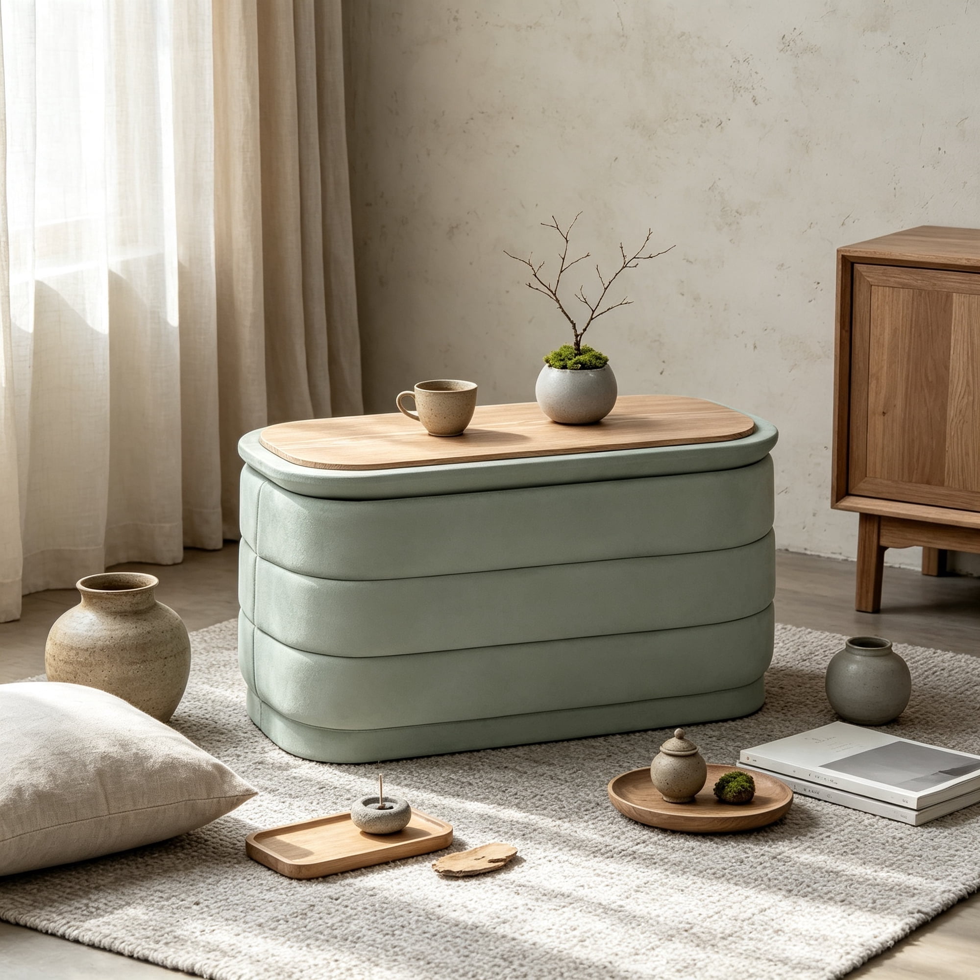 Square Velvet Storage Ottoman with Tray – 30 Removable Foot Rest & Coffee Table Green for Dorm Living Room