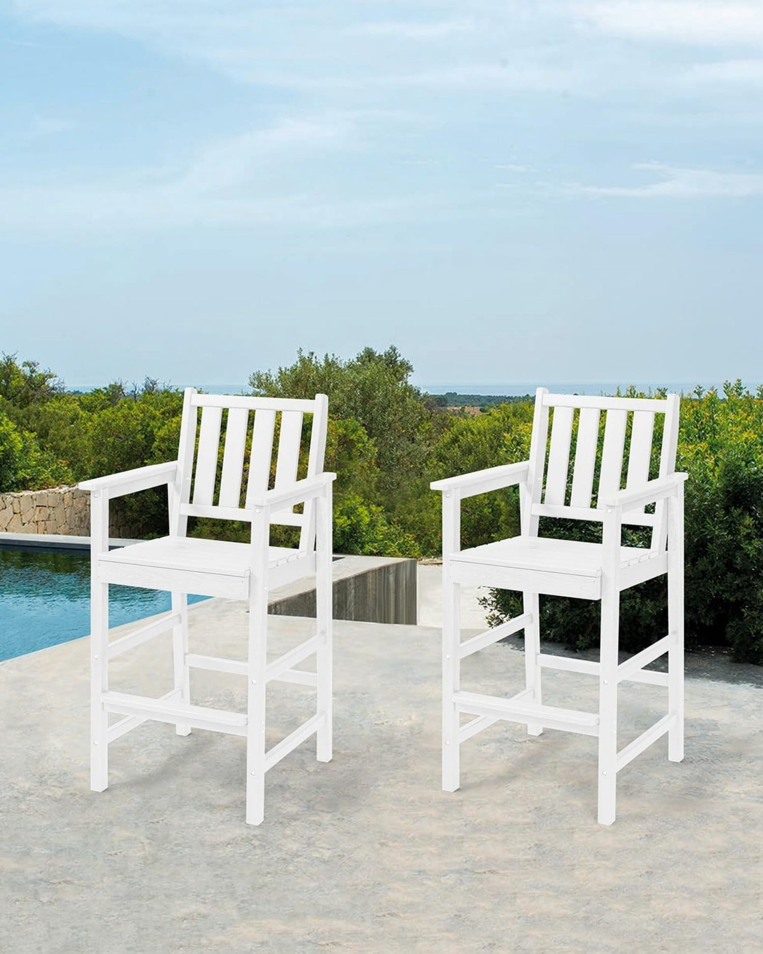 Adirondack Bar Chair Set of 2, HDPE Outdoor Bar Stools with Footrest, All Weather Adirondack Bar Height Chairs for Patio, Balcony, Porch, Deck, Poolside, Pearl