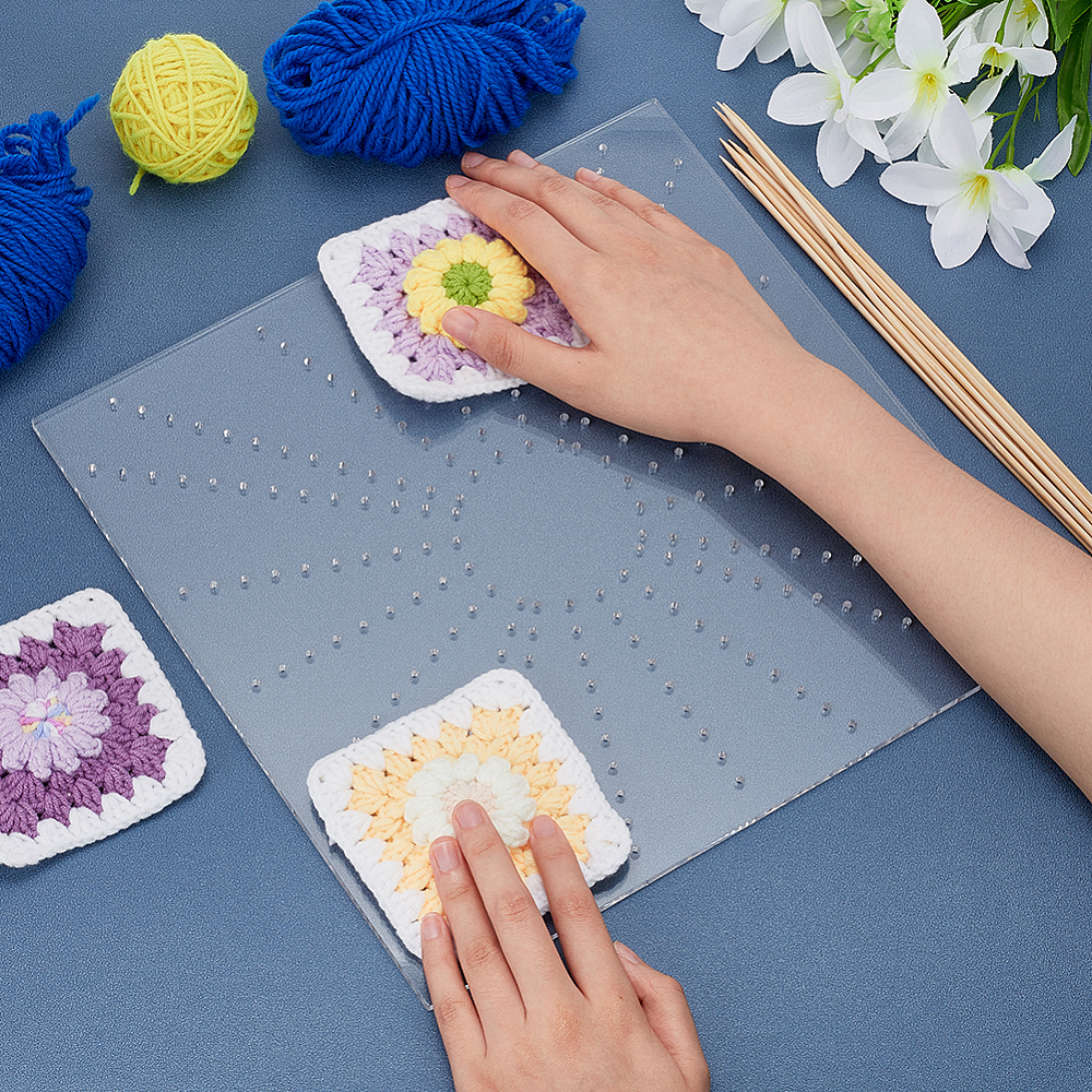 Square Acrylic Crochet Blocking Board Knitting Loom with Stainless Steel Pin for Making Cushions Scarves Hats Headbands Shawl Clear DIY