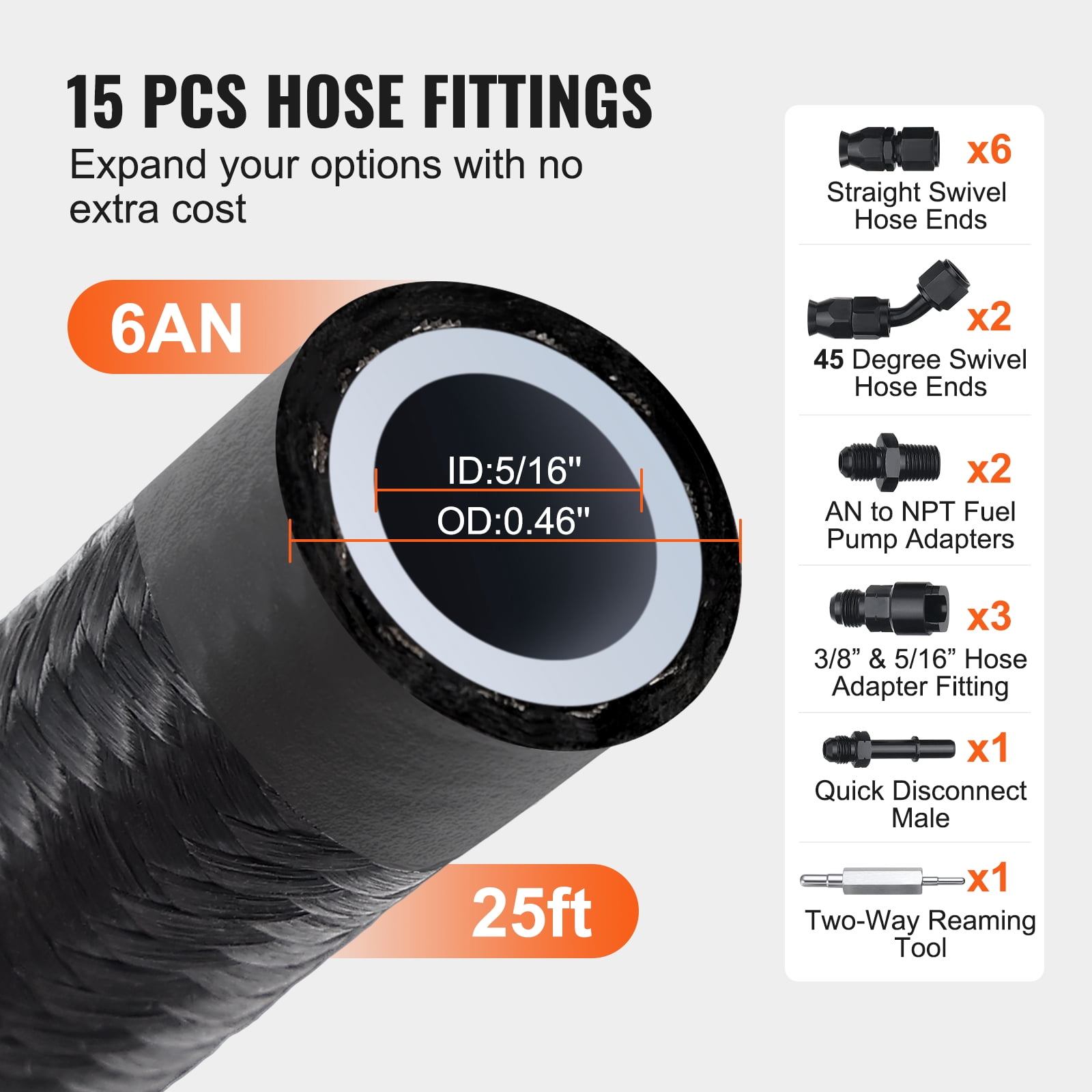VEVOR 6AN Fuel Line Kit, 25 FT Fuel Hose Kit, 5/16" Nylon Stainless Steel Braided PTFE Fuel Line Kit, E85/Oil/Gas/Diesel Hose End Fitting Kit, with 15 PCS Swivel Fitting Adapter Kit, Black