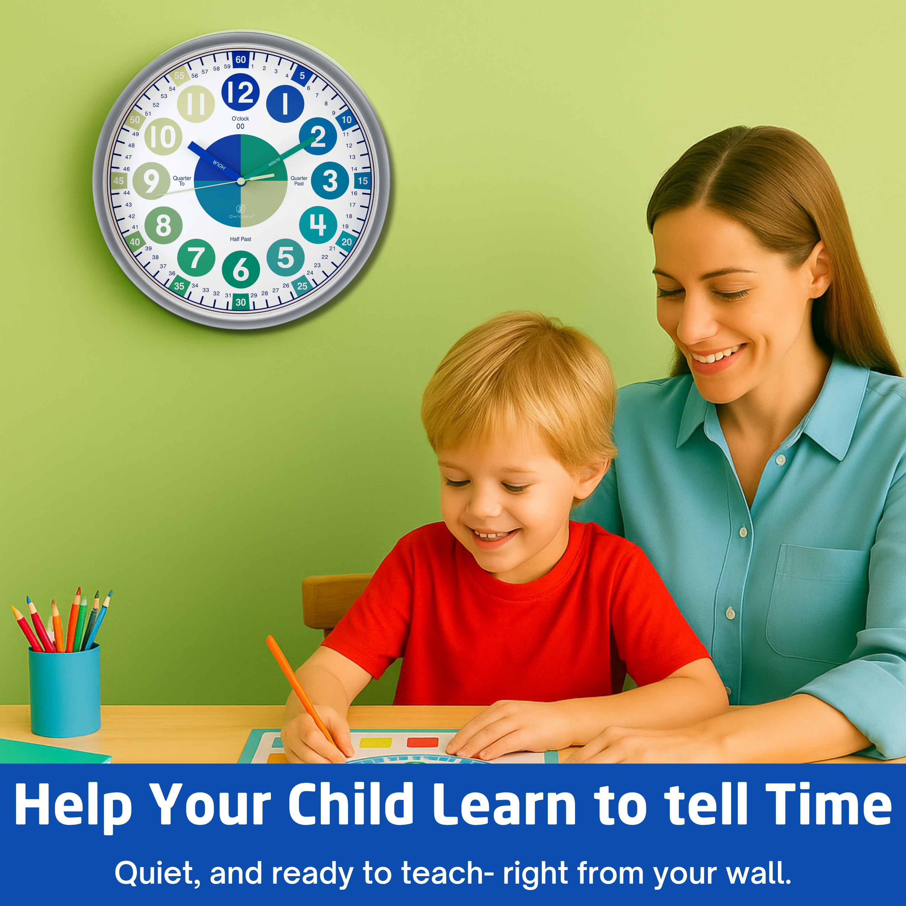 Owlconic® Kids Learning Wall Clock, Silent Analog Teaching Clock, 10 Inch, Blue Green