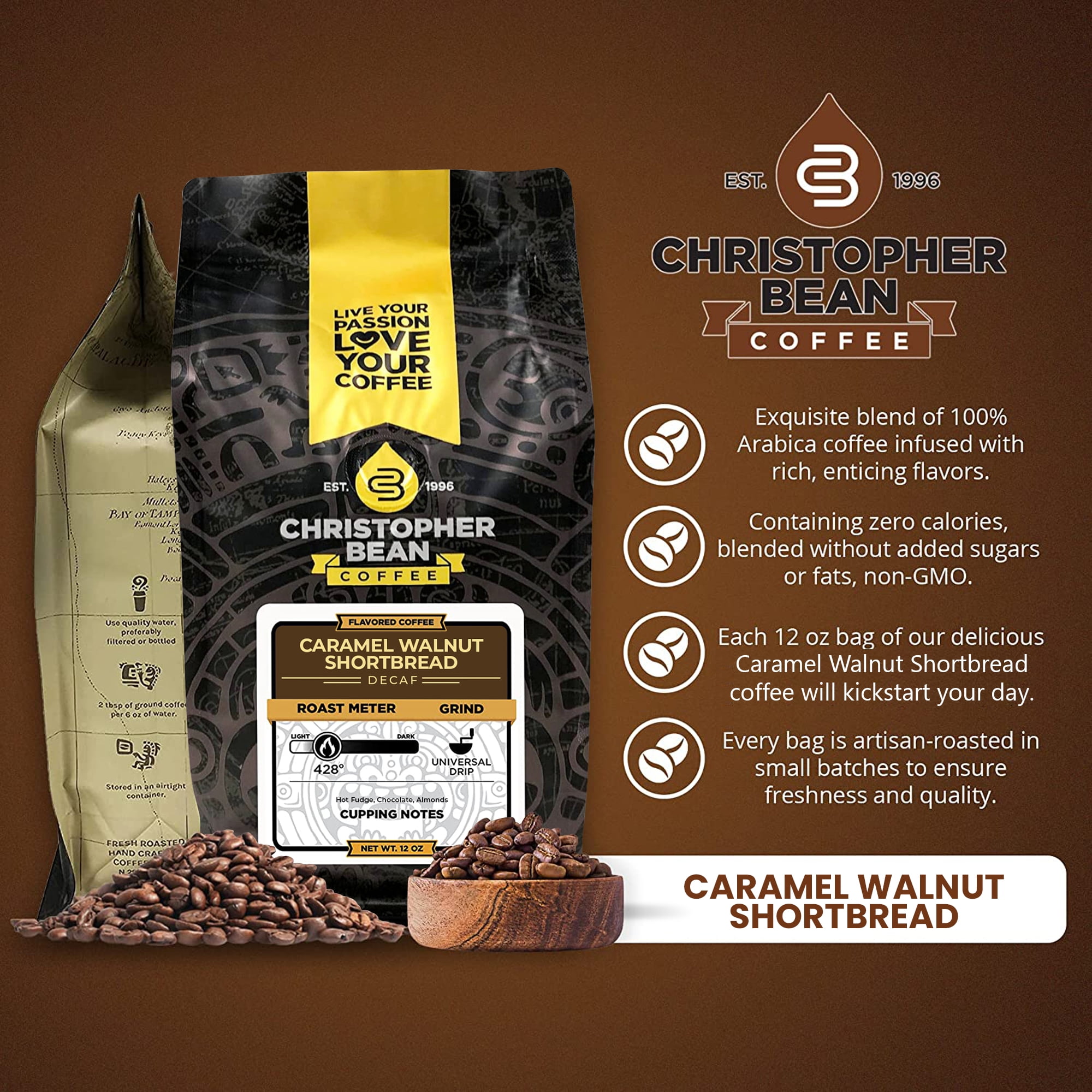 Christopher Bean Coffee- Caramel Walnut Shortbread Flavored Coffee, Decaf Coffee, 100% Arabica, Coffee Ground Medium Roast, No Sugar, No Fats, Made with Non-GMO Flavorings,12-oz Bag Ground Coffee Bean