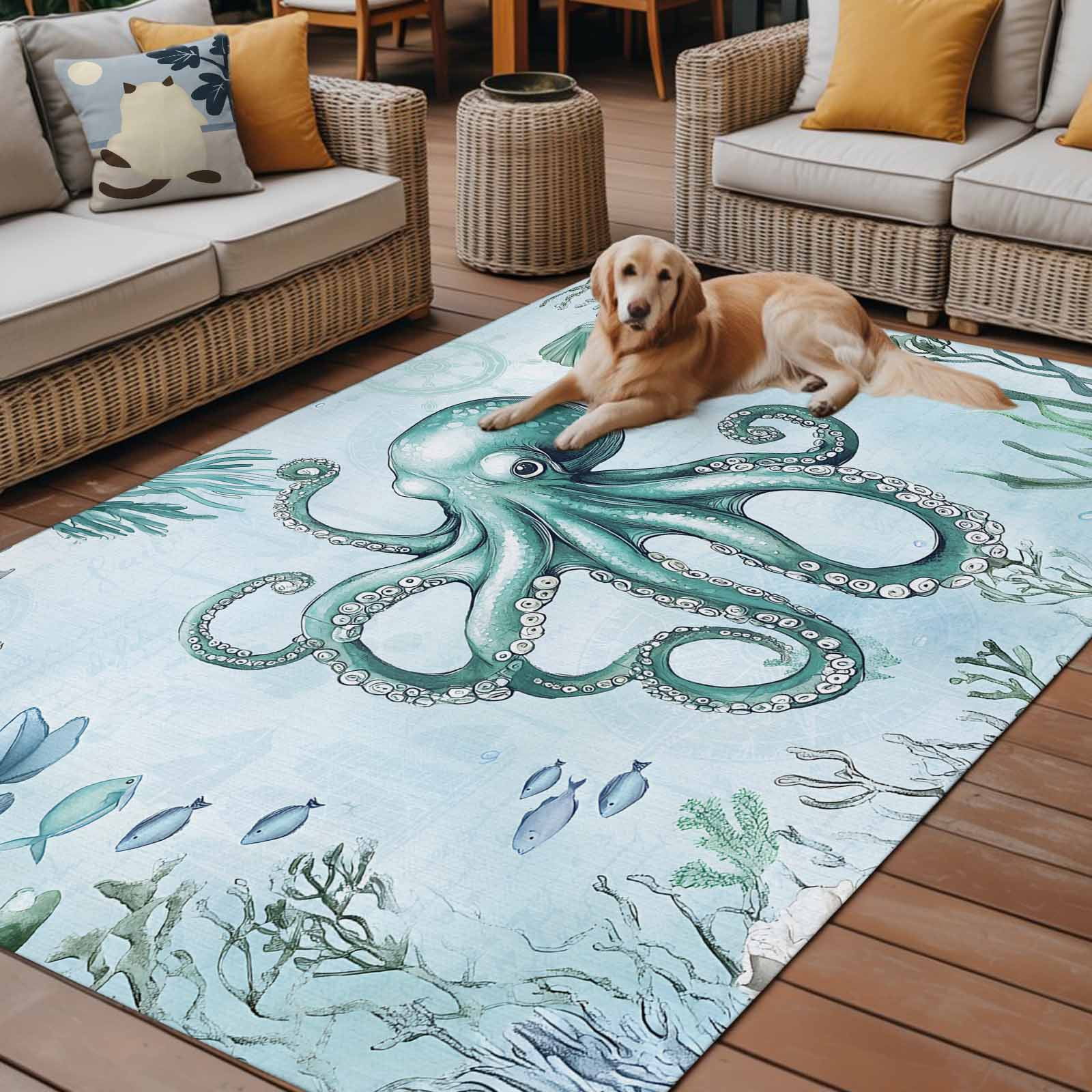 Fsddascl Coastal Octopus Outdoor Rug for Patio/Deck/Porch, Non-Slip Large Area Rug 5 x 8 Ft, Cyan Nautical Fish Shells Seaweeds Indoor Outdoor Rugs Washable Area Rugs, Reversible Camping Rug Carpet