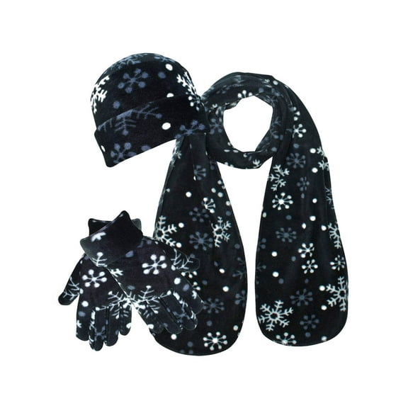 Black & White Snowflake Print Fleece 3-Piece Hat Scarf & Gloves Set