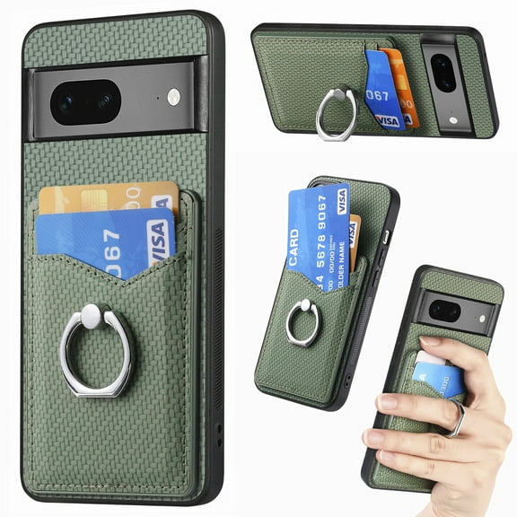 Carbon Fiber Patterned Case for Google Pixel 7, Wallet case with [360°Rotation Ring Kickstand] Credit Card Holder,PU Leather Shockproof Cover Women Men for Google Pixel 7, Green