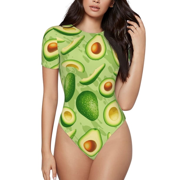 Fotbe Green Avocado Body de Mujer con Cuello Redondo y Mangas Cortas, Sin Mangas Ajustado, Suave, Cómodo y Básico-X-Large