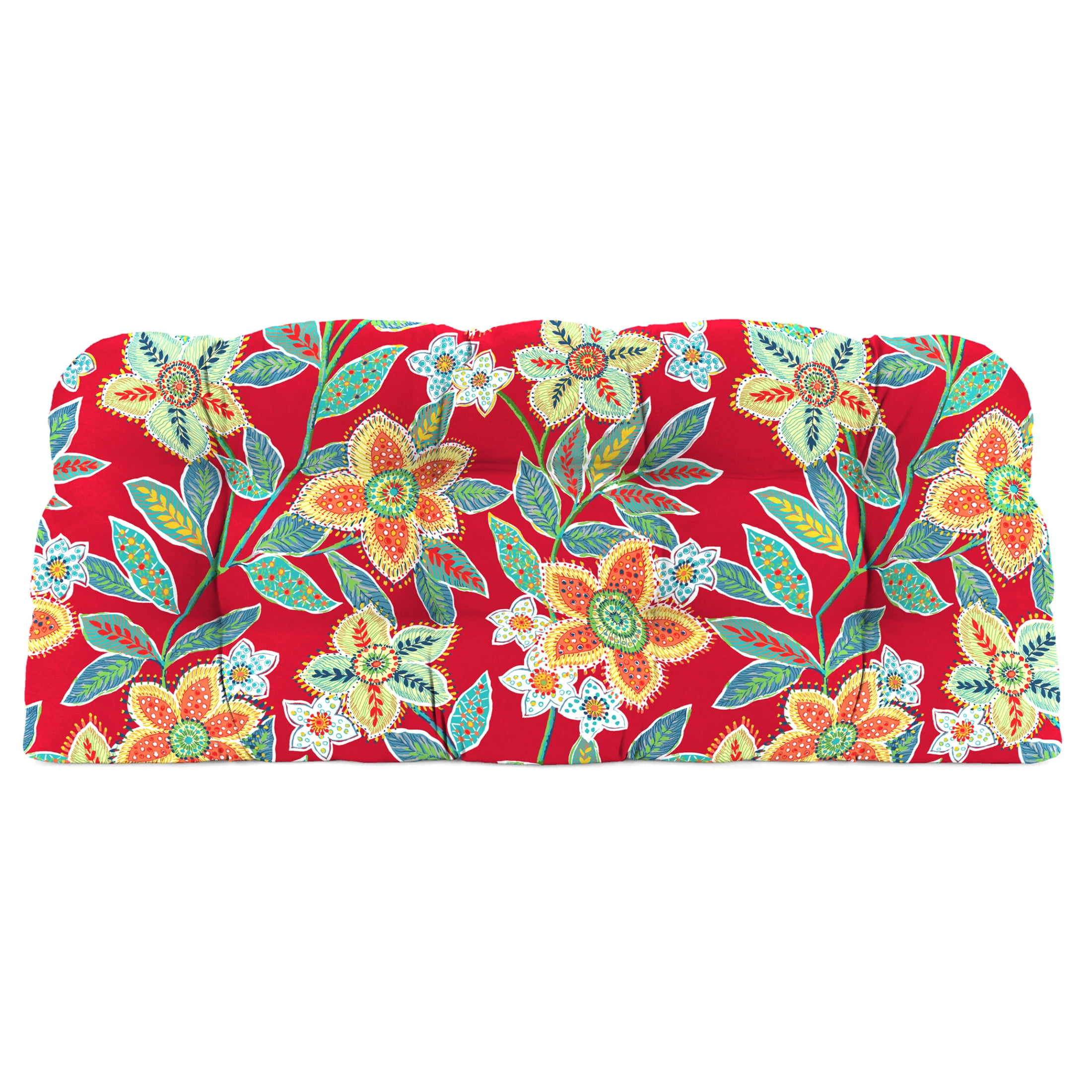 Jordan Manufacturing 44" x 18" Leathra Red Floral Rectangular Tufted Contoured Outdoor Wicker Settee Bench Cushion