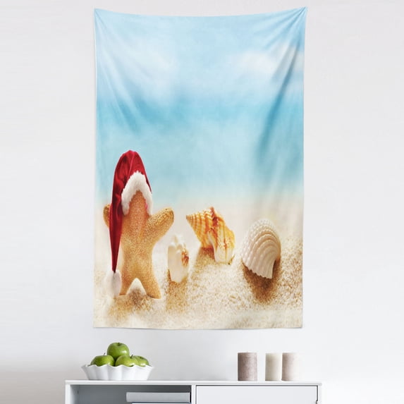 Santa Tapestry, Starfish in Santa Hat on an Exotic Sandy Summer Beach with Sea Shells, Fabric Wall Hanging Decor for Bedroom Living Room Dorm, 5 Sizes, Pale Blue Sand Brown Red, by Ambesonne