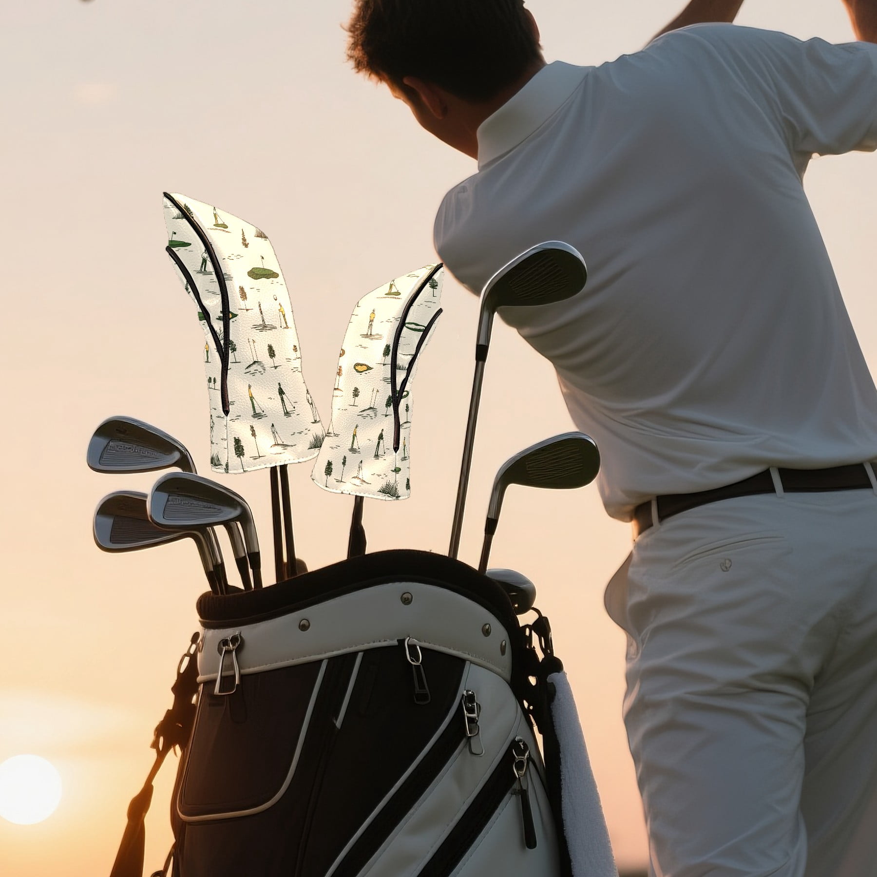 Golf Head Covers Leisure Sports Patterns for Driver, Wood & Hybrid, Premium Waterproof PU Leather with Plush Lining, Sporty Golf Gifts