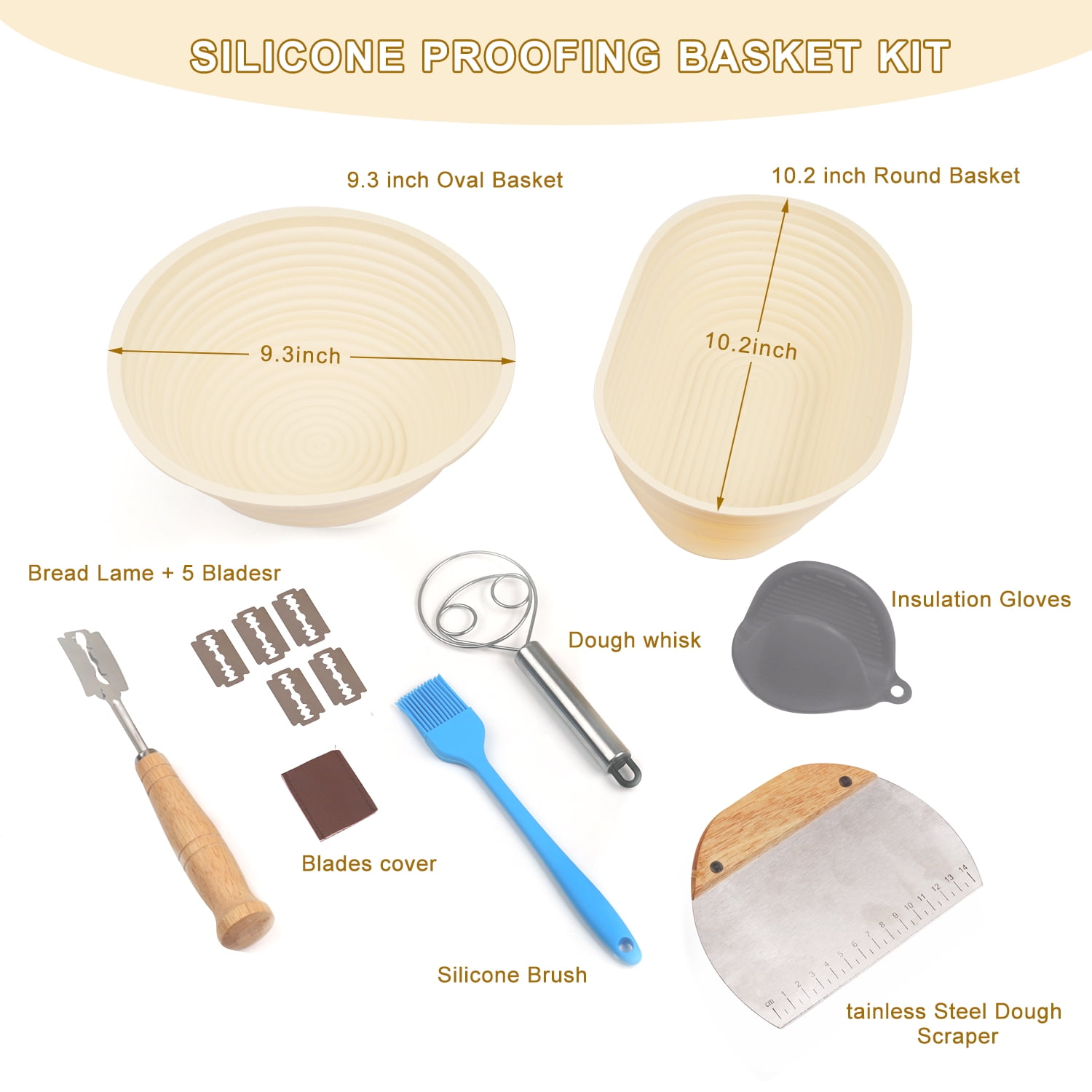Sunnycome Silicone Banneton Bread Proofing Baskets, Oval Foldable Sourdough Baking Basket, Complete Set for Bread Making With Essential Tools Yellow