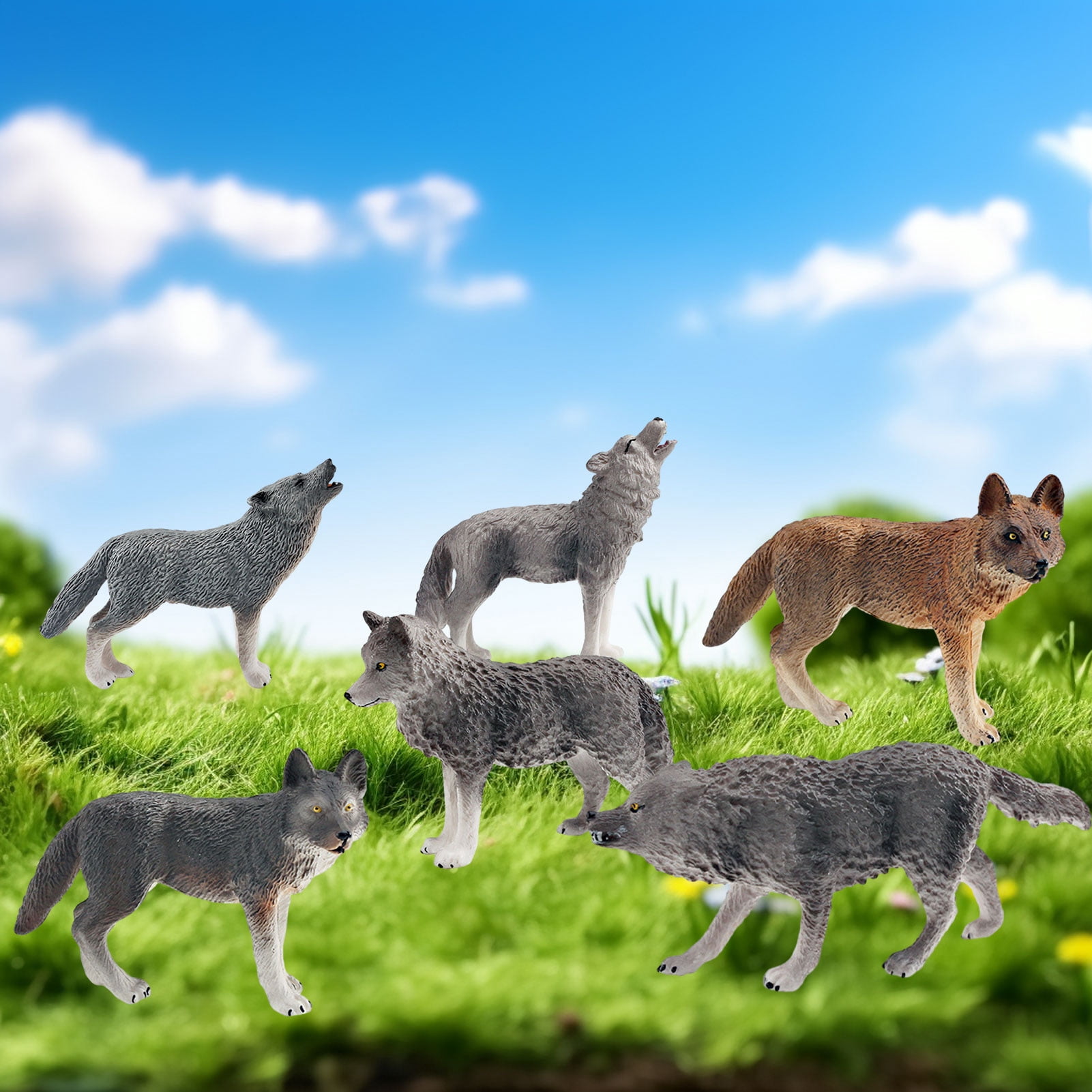 UANDME 4-Piece Realistic Grey Wolf Toy Figurine Set - Cake Topper, Educational Animal Figures For Kids
